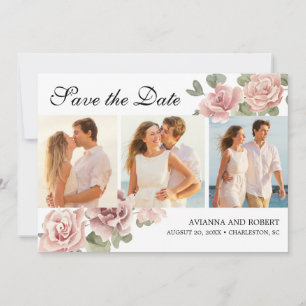 Dusty Pink Rose Floral 3 Photo Modern Wedding Save The Date