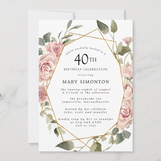 Dusty Pink Rose Floral 40th Birthday Party Invitation (Front)