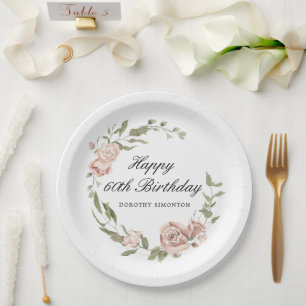 Dusty Pink Rose Floral 60th Birthday Paper Plate