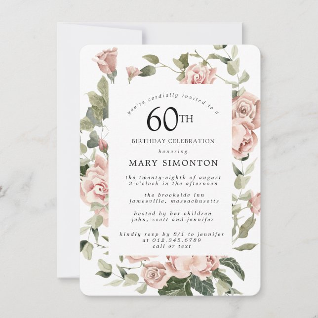 Dusty Pink Rose Floral 60th Birthday Party Invitation (Front)