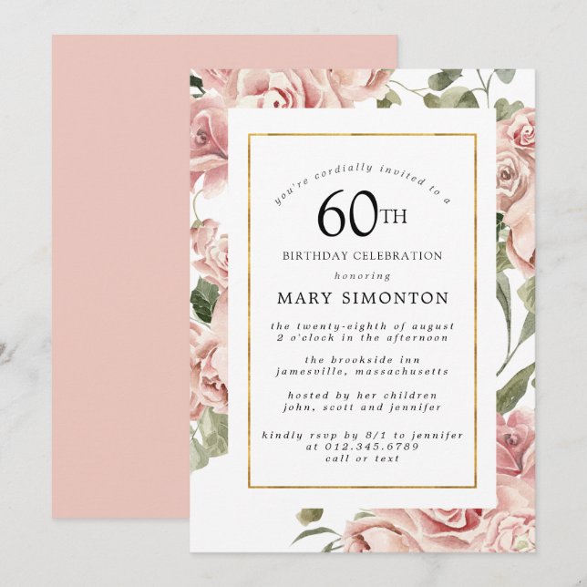 Dusty Pink Rose Floral 60th Gold Birthday Party Invitation (Front/Back)