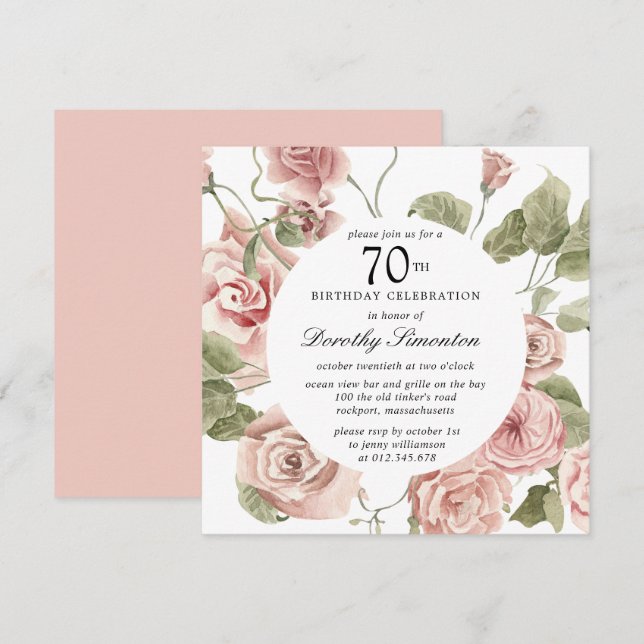 Dusty Pink Rose Floral 70th Birthday Invitation (Front/Back)