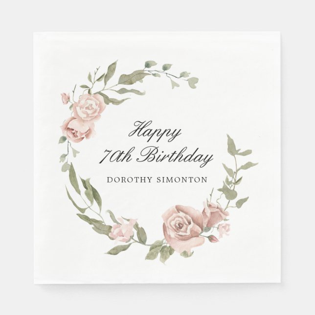 Dusty Pink Rose Floral 70th Birthday  Napkin (Front)