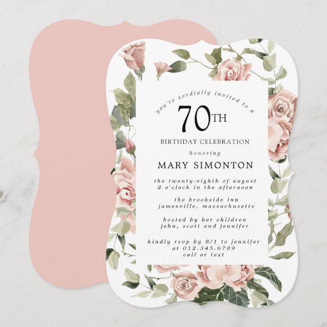 Dusty Pink Rose Floral 70th Birthday Party Invitat Invitation (Front/Back)