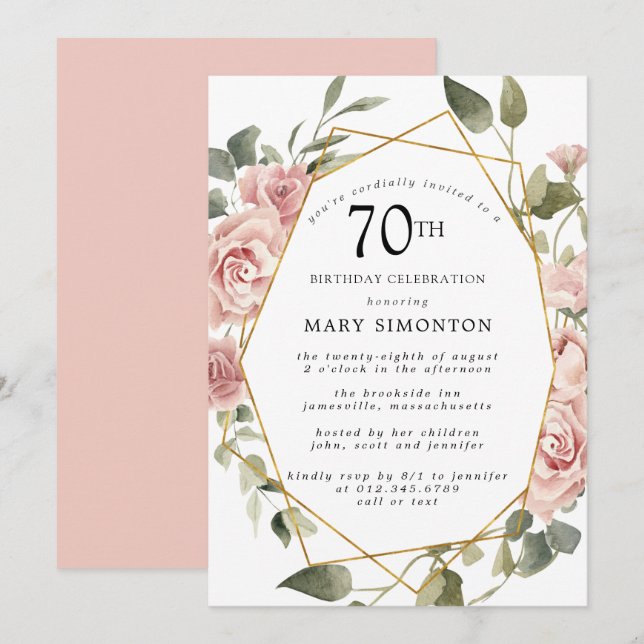 Dusty Pink Rose Floral 70th Birthday Party Invitation (Front/Back)