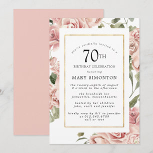 Dusty Pink Rose Floral 70th Gold Birthday Party Invitation