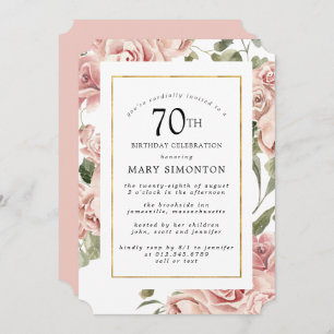 Dusty Pink Rose Floral 70th Gold Birthday Party Invitation