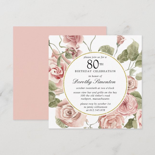 Dusty Pink Rose Floral 80th Birthday Invitation (Front/Back)