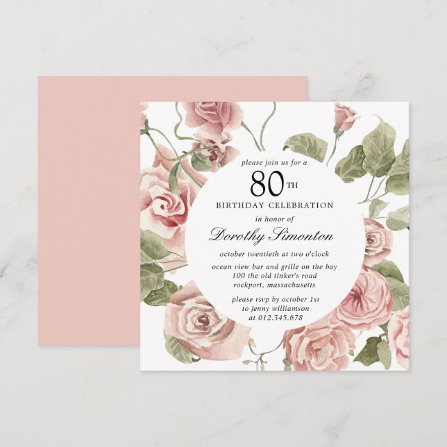 Dusty Pink Rose Floral 80th Birthday Invitation (Front/Back)