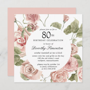 Dusty Pink Rose Floral 80th Birthday Invitation