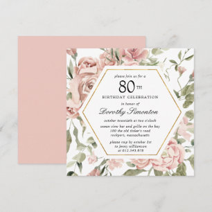 Dusty Pink Rose Floral 80th Birthday Invitation