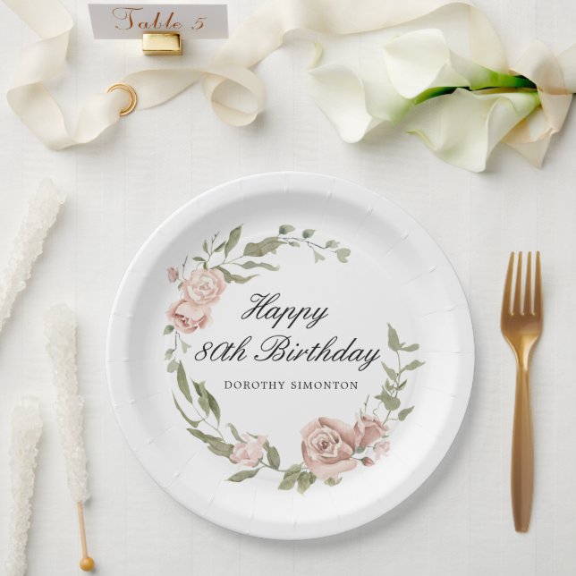 Dusty Pink Rose Floral 80th Birthday  Paper Plate (Wedding)