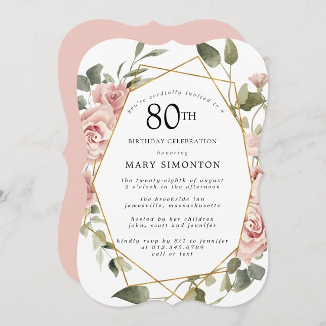 Dusty Pink Rose Floral 80th Birthday Party Invitation (Front/Back)