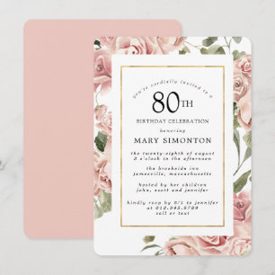 Dusty Pink Rose Floral 80th Gold Birthday Party Invitation