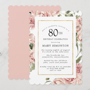 Dusty Pink Rose Floral 80th Gold Birthday Party Invitation