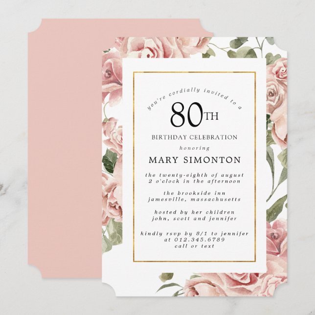 Dusty Pink Rose Floral 80th Gold Birthday Party Invitation (Front/Back)