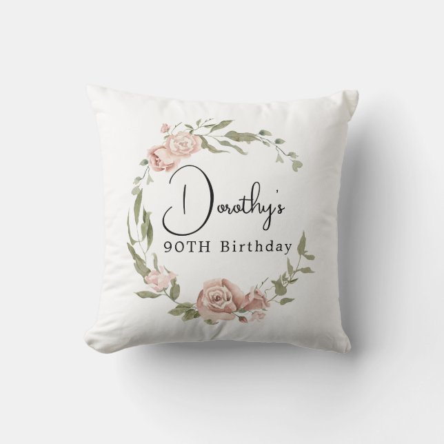 Dusty Pink Rose Floral 90th Birthday Cushion (Front)