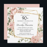 Dusty Pink Rose Floral 90th Birthday Invitation<br><div class="desc">Honour a special person with this elegant 90th Birthday party invitation. Dusty pink roses tucked into dark green foliage create a square botanical frame.</div>