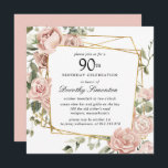 Dusty Pink Rose Floral 90th Birthday Invitation<br><div class="desc">Honour a special person with this elegant 90th Birthday party invitation. Dusty pink roses tucked into dark green foliage create a square botanical frame.</div>