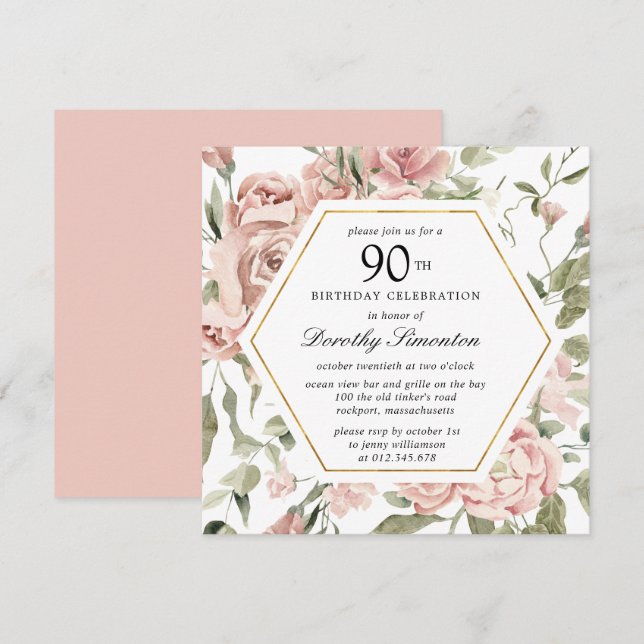 Dusty Pink Rose Floral 90th Birthday Invitation (Front/Back)