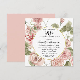 Dusty Pink Rose Floral 90th Birthday Invitation