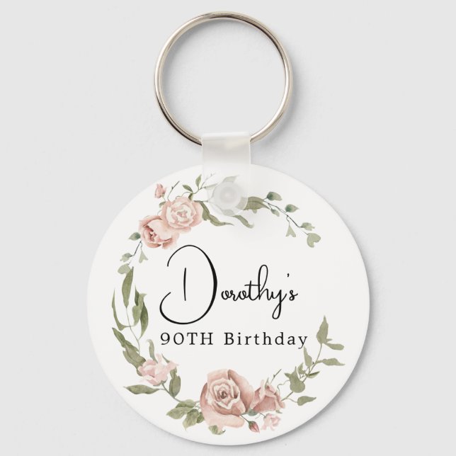 Dusty Pink Rose Floral 90th Birthday Key Ring (Front)