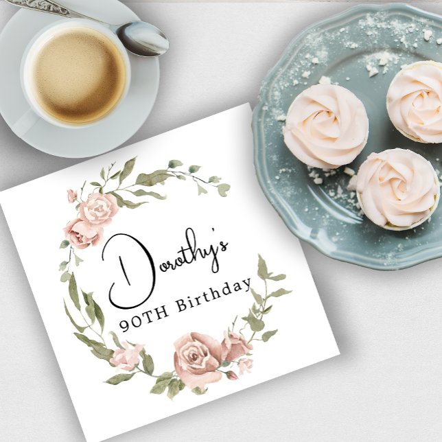 Dusty Pink Rose Floral 90th Birthday Napkin (Creator Uploaded)