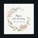 Dusty Pink Rose Floral 90th Birthday  Napkin<br><div class="desc">Add a special touch to your table decor with this perfect elegant design for a 90th birthday party napkin. Happy Birthday is written in a formal script. The birthday celebrant's name is below in a traditional font. An open and airy modern pink rose wreath surrounds the text. Simple elegance for...</div>