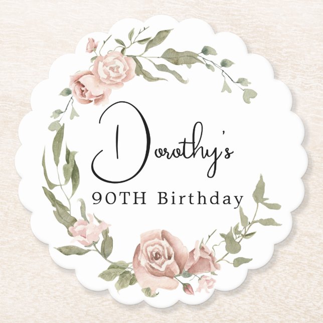 Dusty Pink Rose Floral 90th Birthday Paper Coaster (Front)
