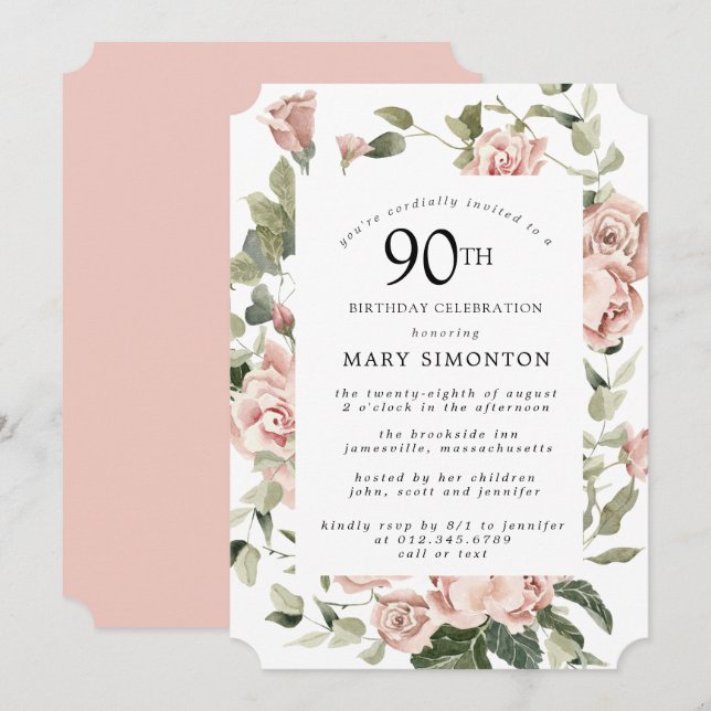 Dusty Pink Rose Floral 90th Birthday Party Invitat Invitation (Front/Back)