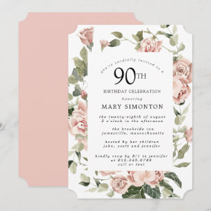 Dusty Pink Rose Floral 90th Birthday Party Invitat Invitation