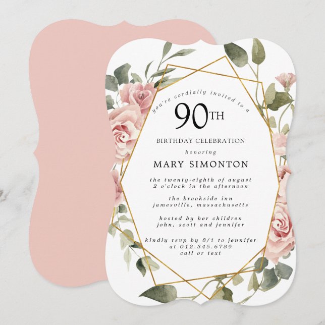 Dusty Pink Rose Floral 90th Birthday Party Invitation (Front/Back)
