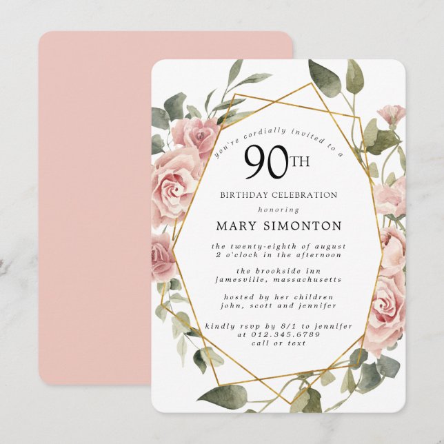 Dusty Pink Rose Floral 90th Birthday Party Invitation (Front/Back)