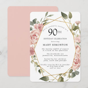 Dusty Pink Rose Floral 90th Birthday Party Invitation