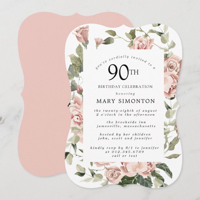 Dusty Pink Rose Floral 90th Birthday Party Invitation (Front/Back)