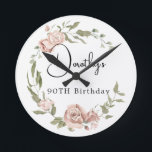 Dusty Pink Rose Floral 90th Birthday Round Clock<br><div class="desc">Soft dusty pink roses create a beautiful rustic floral wreath. The woman's name and 90th birthday follow. This wall clock is part of the Dusty Pink Rose collection. It contains many DIY templates that let you quickly create invitations and party supplies.</div>