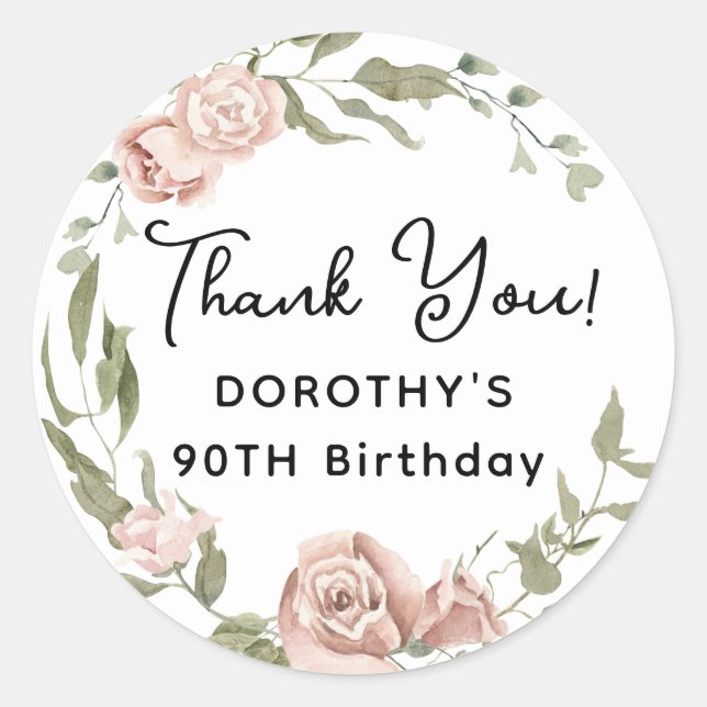 Dusty Pink Rose Floral 90th Birthday Thank You Classic Round Sticker (Front)