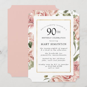 Dusty Pink Rose Floral 90th Gold Birthday Party Invitation