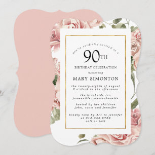 Dusty Pink Rose Floral 90th Gold Birthday Party Invitation