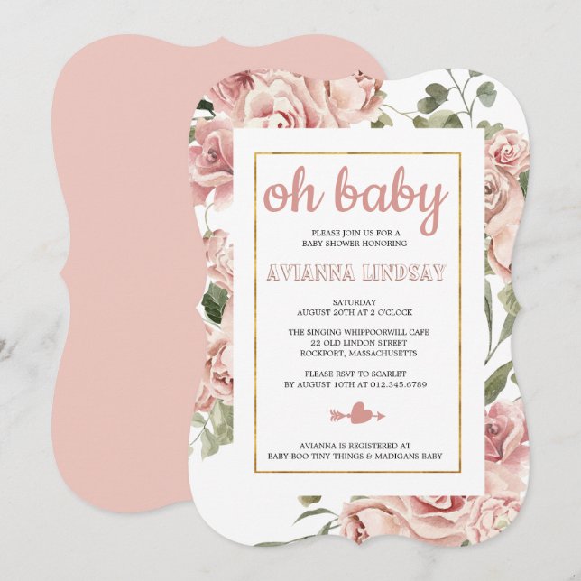 Dusty Pink Rose Floral Botanical Baby Shower  Invitation (Front/Back)