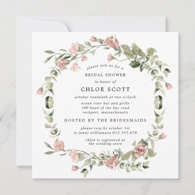 Dusty Pink Rose Floral Botanical Bridal Shower Invitation (Front)