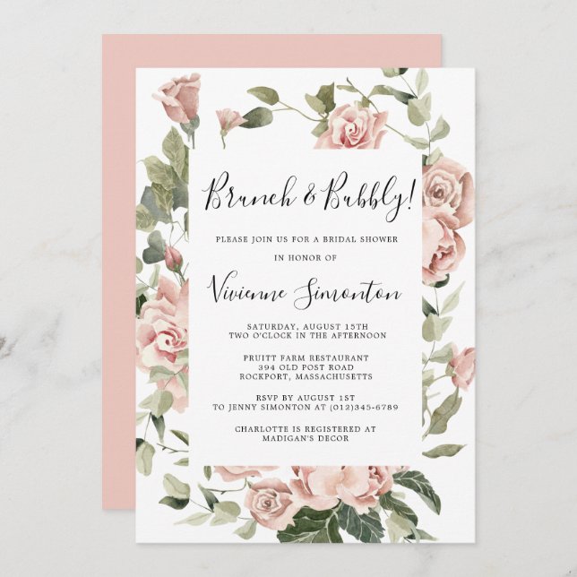 Dusty Pink Rose Floral Brunch and Bubbly Invitation (Front/Back)