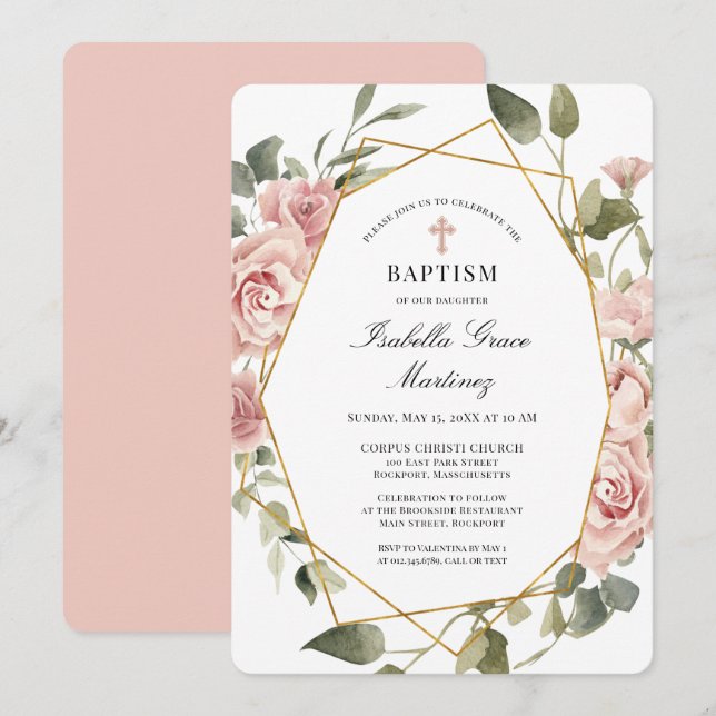 Dusty Pink Rose Floral Cross Baptism Invitation (Front/Back)