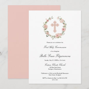 Dusty Pink Rose Floral Cross First Communion Invitation