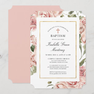 Dusty Pink Rose Floral Elegant Baptism Invitation