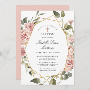 Dusty Pink Rose Floral Elegant Baptism Invitation