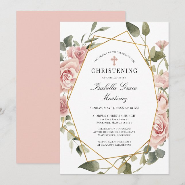 Dusty Pink Rose Floral Elegant Christening Invitation (Front/Back)