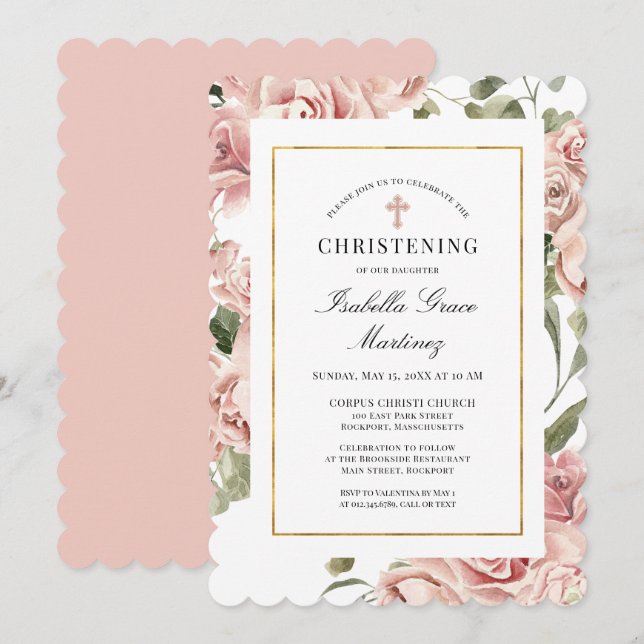 Dusty Pink Rose Floral Elegant Christening Invitation (Front/Back)