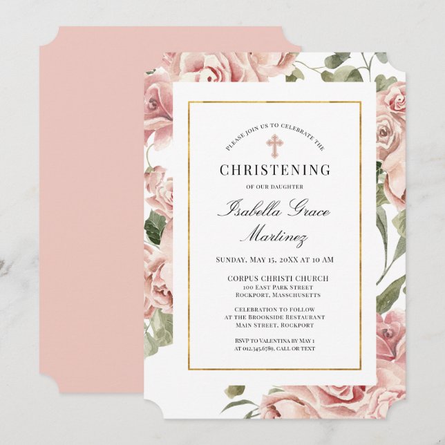 Dusty Pink Rose Floral Elegant Christening Invitation (Front/Back)