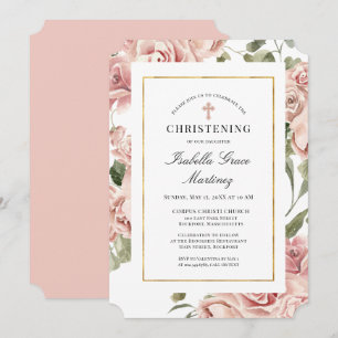 Dusty Pink Rose Floral Elegant Christening Invitation